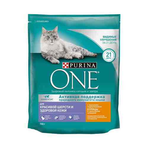 Сухой корм Purina One для кошек для красивой шерсти и контроля образования волосяных комков с курицей и цельными злаками 750 г