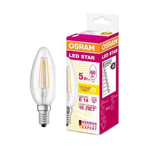 Светодиодная лампа Osram LED E14 5 Вт 2700 K свеча на ветру прозрачная