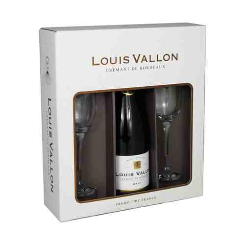 Вино игристое Louis Vallon Cremant de Bordeaux AOC Brut белое брют 12,5% 0,75 л Франция с двумя бокалами