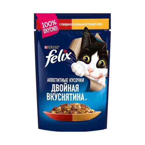 Влажный корм Felix Аппетитные кусочки Двойная Вкуснятина для взрослых кошек с говядиной и домашней птицей в желе 85 г