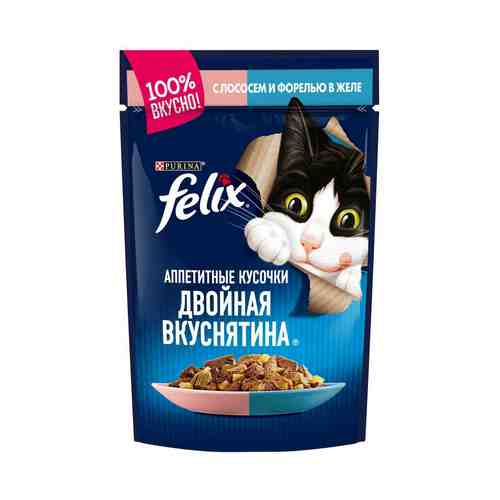 Влажный корм Felix Аппетитные кусочки Двойная Вкуснятина для взрослых кошек с лососем и форелью в желе 85 г