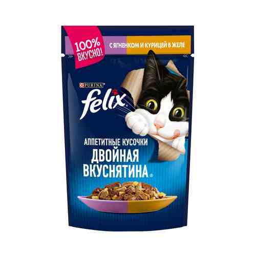 Влажный корм Felix Аппетитные кусочки Двойная Вкуснятина для взрослых кошек с ягненком и курицей в желе 85 г