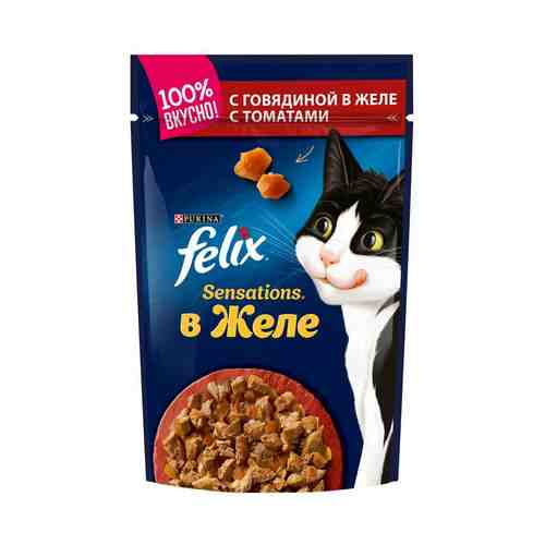 Влажный корм Felix Sensations для взрослых кошек с говядиной в желе с томатами 85 г